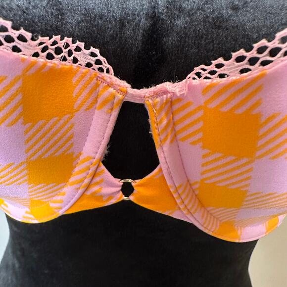 NWT Savage X Fenty Gingham Remix Unlined Plunge Bra 36DD – Orange Pink Plaid - Picture 5 of 7